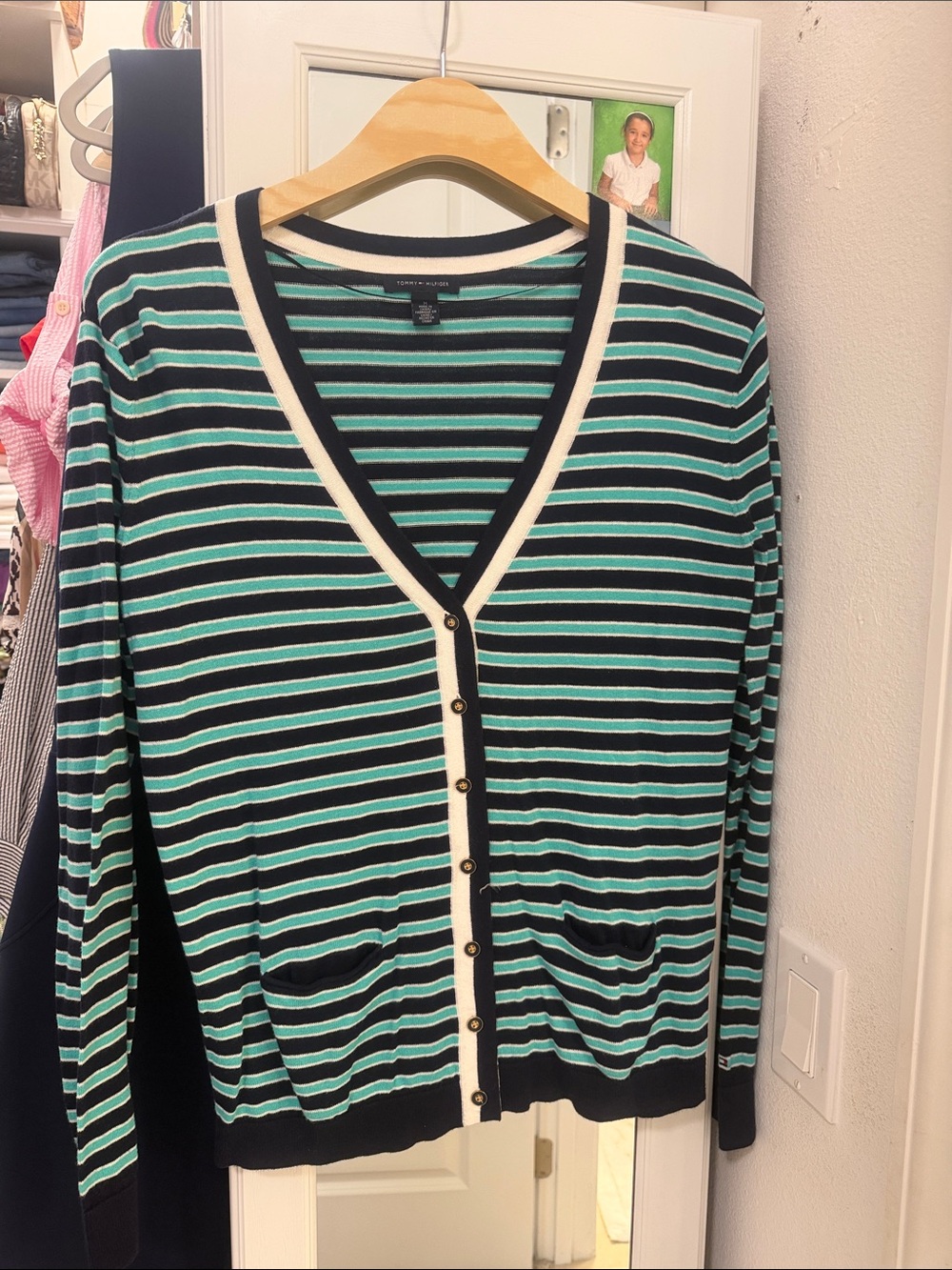 Tommy Hilfiger Navy & Mint Striped V-Neck Button Cardigan